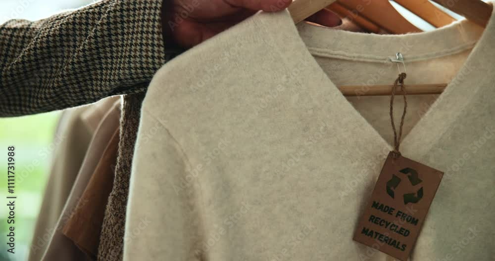 Eco friendly, shopping and choice with hands of person in boutique for fashion, sustainable fabric and wardrobe. Decision, store and sale with closeup of rail for textile, recycle material and search