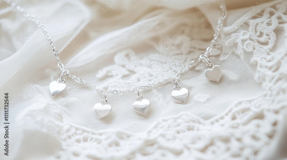 Elegant silver heart necklace on delicate lace background Elegant silver heart necklace on delicate lace background