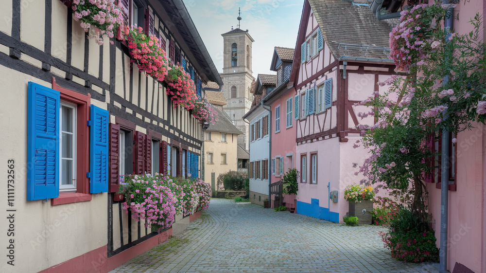 Obraz premium Charming European village scene with cobblestone streets, half-timbered houses, colorful shutters, and flower boxes brimming with vibrant blooms, capturing old-world charm and picturesque beauty.