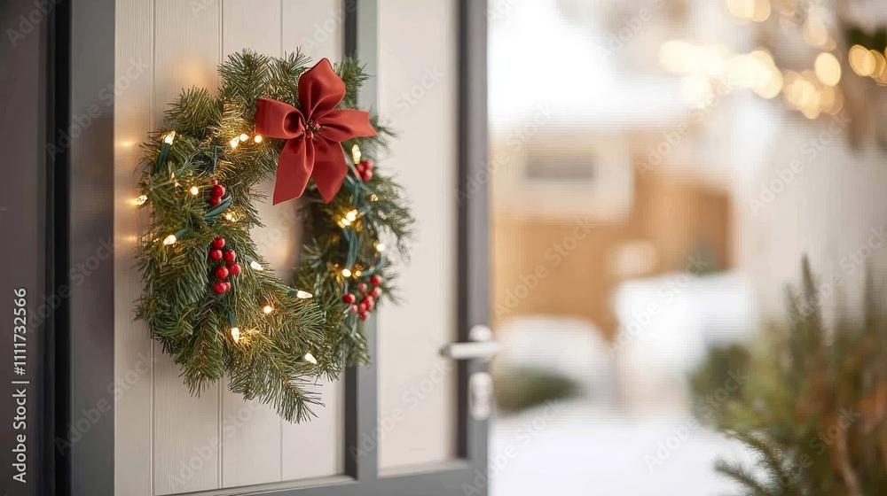 A wreath of evergreen branches and berries sits on a wooden wall A wreath of evergreen branches and berries sits on a wooden wall
