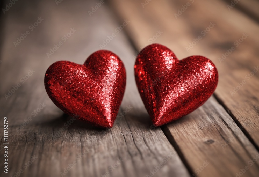 Close Up shot of two glitter red hearts on a wooden rustic surface, bokeh background Close Up shot of two glitter red hearts on a wooden rustic surface, bokeh background