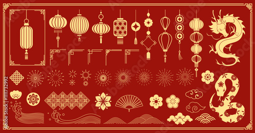 Happy Chinese New Year 2025 Icons vector set. Lanterns, snake, firework, corner, pattern, cloud, coin, flower isolated icons of Asian Lunar New Year holiday decoration vector.