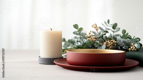 A candle is lit on a table next to a red bowl