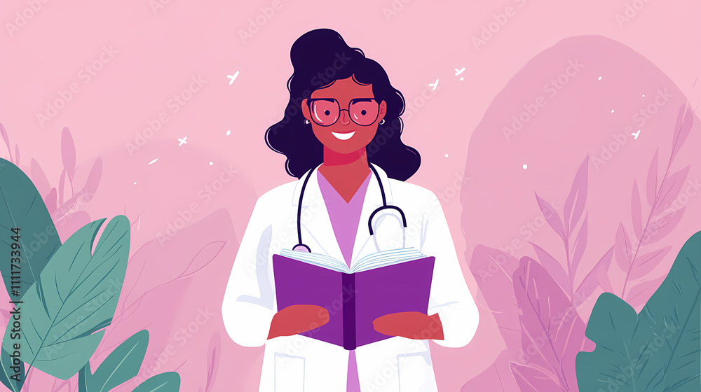 smiling doctor holding guidebook on preventive care, surrounded by greenery. This illustration conveys sense of health and wellness, promoting positive approach to healthcare smiling doctor holding guidebook on preventive care, surrounded by greenery. This illustration conveys sense of health and wellness, promoting positive approach to healthcare