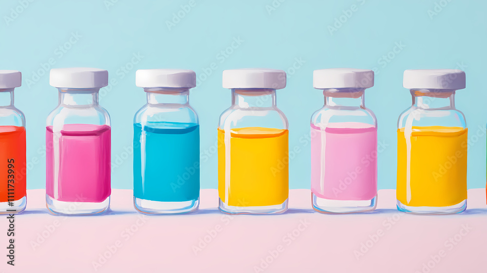 Vibrant vaccine vials in various colors lined up against pastel background, showcasing playful and colorful display Vibrant vaccine vials in various colors lined up against pastel background, showcasing playful and colorful display