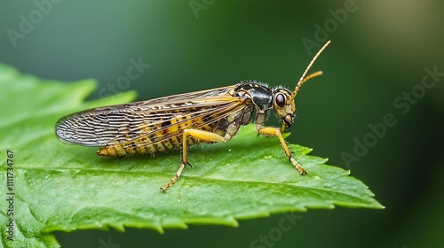 A Detailed Closeup of a Scorpionfly on a Leaf photo