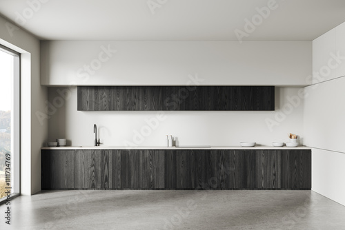 Modern minimalist kitchen with dark wood cabinets and clean white walls. 3D Rendering