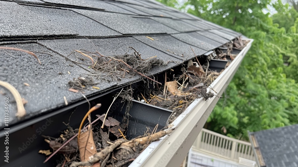 Obraz premium Gutter Cleaning: Remove leaves and debris from gutters to prevent overflow, safeguarding your home’s roof and foundation from costly water damage. 