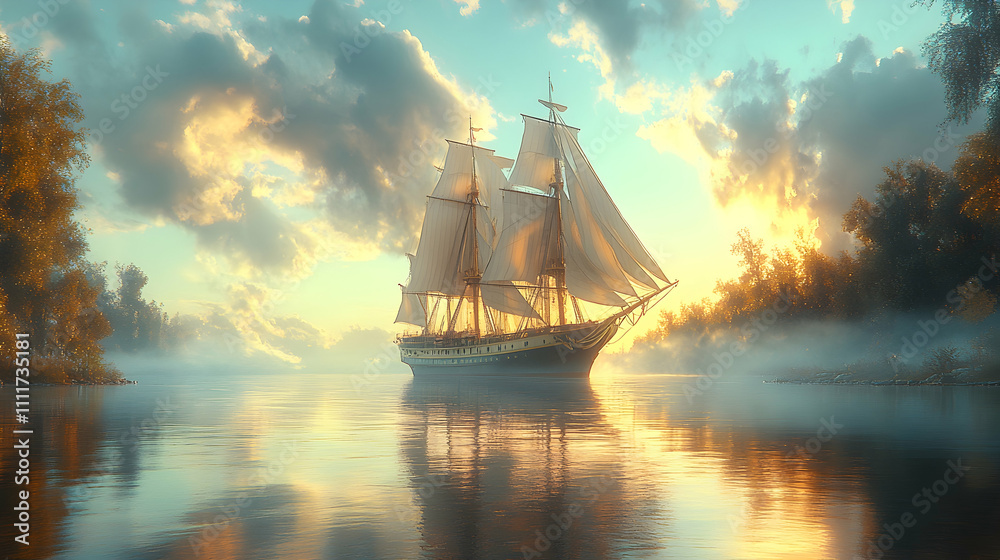 Fototapeta premium Majestic sailing ship at sunrise on calm river.