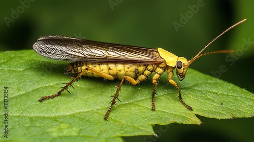 Yellow Insect with Golden Wings on a Green Leaf photo