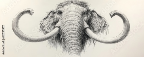 A detailed sketch of an elephant's head, showcasing its large ears and curved tusks, emphasizing its majestic features and textures. photo