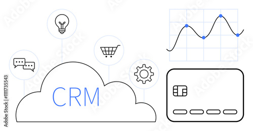 Cloud with CRM text, icons including a chat bubble, light bulb, shopping cart, gear, credit card. Graph with line chart points. Ideal for business strategy, marketing analytics ecommerce customer