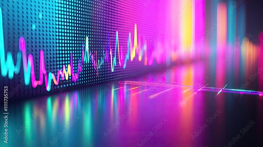 Vibrant digital sound wave visualization on a dark reflective surface. Vibrant digital sound wave visualization on a dark reflective surface.