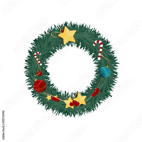 Decorative Christmas wreath with baubles, berries and candy. Vector illustration on white background. Transparent PNG.