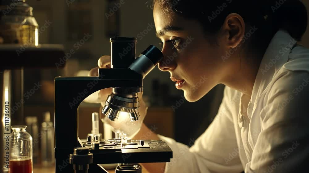 Focused scientist examines sample under microscope in laboratory setting during evening hours Focused scientist examines sample under microscope in laboratory setting during evening hours