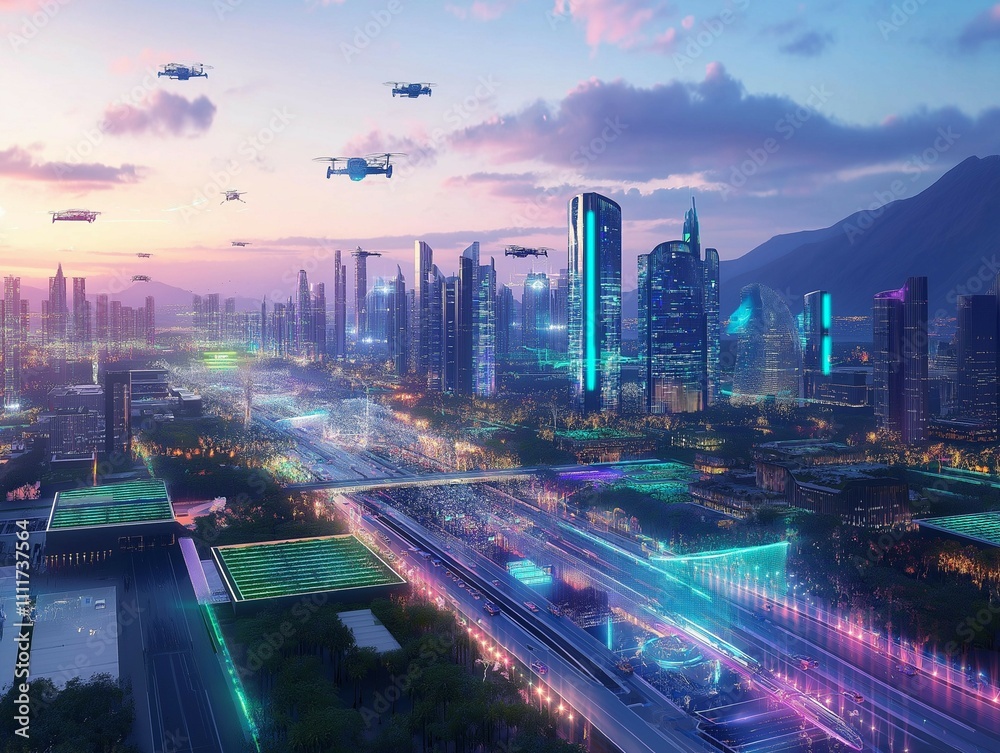 Fototapeta premium A sprawling futuristic cityscape at dusk, glowing with soft neon lights in shades of blue, green, and purple