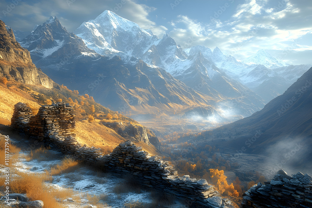 Majestic snow-capped mountains, autumn valley, ancient ruins. Majestic snow-capped mountains, autumn valley, ancient ruins.