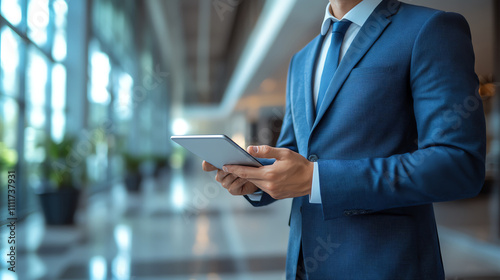 Professional man using tablet in modern office space, showcasing technology and work.