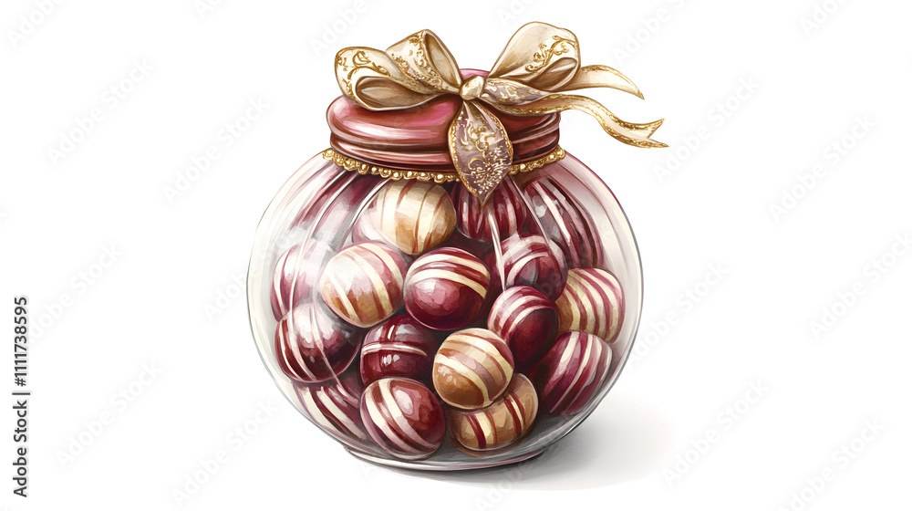 Detailed Watercolor Illustration of Antique Glass Candy Jar with Striped Candies Tied with Gold Ribbon Detailed Watercolor Illustration of Antique Glass Candy Jar with Striped Candies Tied with Gold Ribbon