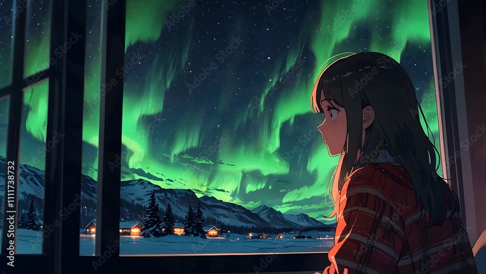 Illustration of a sad woman looking outside of the bedroom window at the northern lights, lofi theme Illustration of a sad woman looking outside of the bedroom window at the northern lights, lofi theme