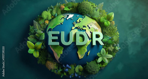 Wording EUDR on earth globe with green forest background. Concept for EU Deforestation or EUDR, regulation environmental policy and drinking coffee in European Union.

