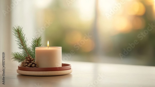 A candle is lit on a red plate with pine needles