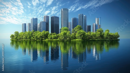 A modern city skyline reflected in calm waters, surrounded by lush greenery.