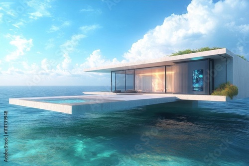 Modern floating house surrounded by clear blue water and sky.