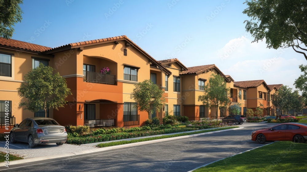 Modern apartment complex with cars parked on a sunny street. Modern apartment complex with cars parked on a sunny street.