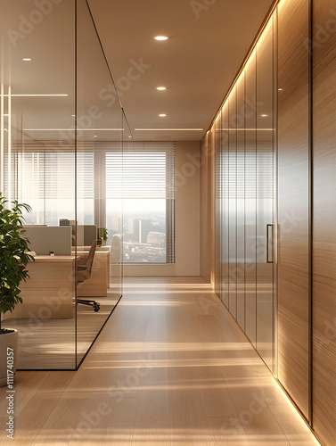 Modern office hallway with glass walls  wood accents  and natural light.