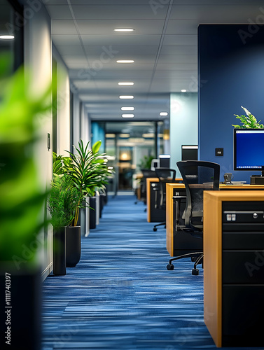 Modern office hallway with workstations and plants.
