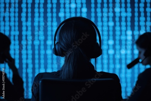 Mysterious call center surrounded by binary code fog, dark figures manipulating calls, anti-fraud theme photo