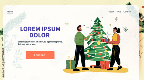 Christmas celebration couple decorating tree exchanging gifts festive scene website design