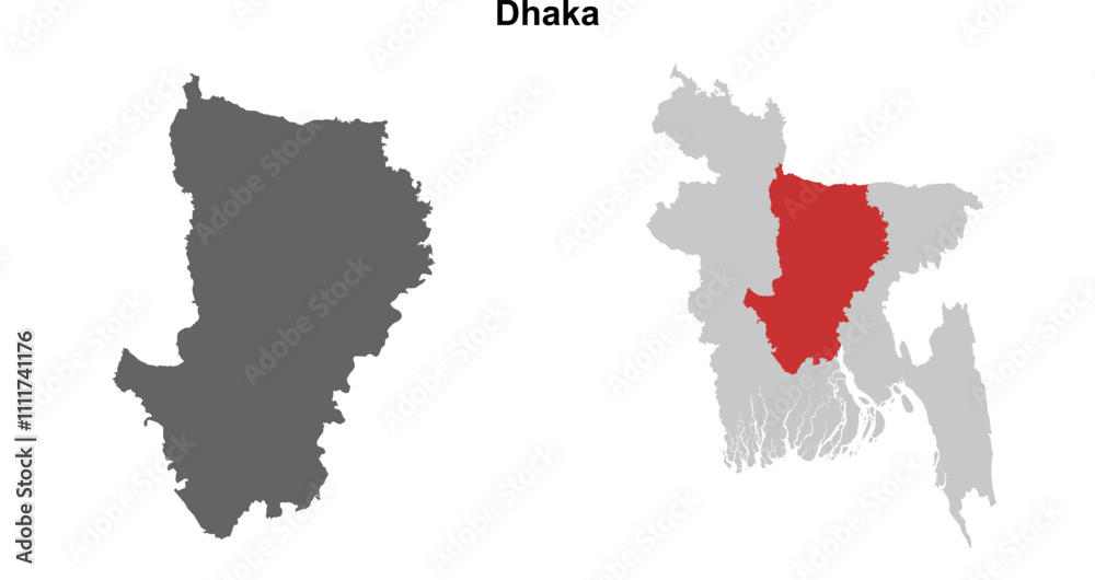 Naklejka premium Dhaka division blank outline map set