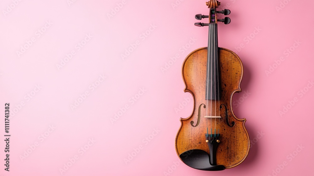 Φωτογραφία Violin's Elegant Design: A Detailed Examination of its Musical Instrument Craftsmanship on Pink Background, Exploring the Intricate Details