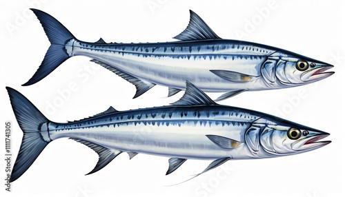 Spanish Mackerel wahoo dark blue fish big fish on white realistic illustration isolate ocean predator image photo