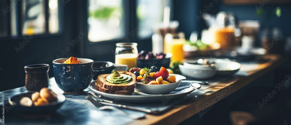 A beautifully arranged breakfast spread on a table with various dishes and drinks. A beautifully arranged breakfast spread on a table with various dishes and drinks.