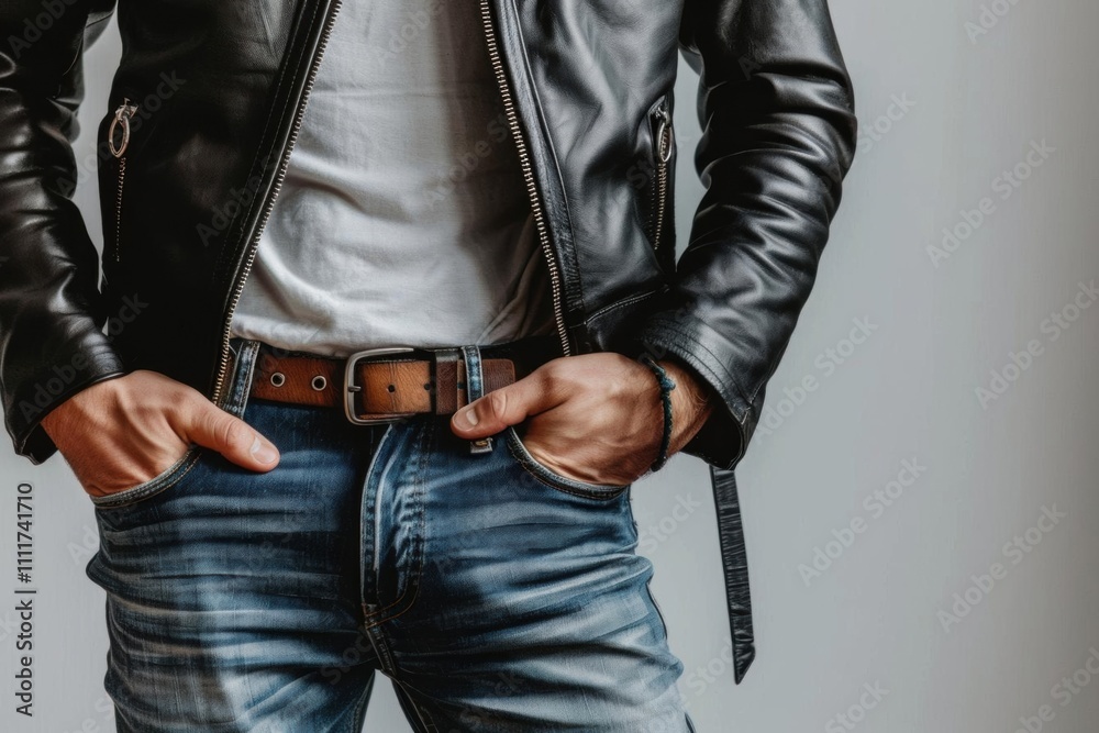 A person wearing a leather jacket and jeans, posing confidently. A person wearing a leather jacket and jeans, posing confidently.