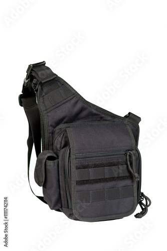 Unisex cross body bag with a large number of compartments and pockets.