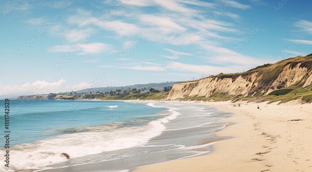 Beautiful California Coastline Beach. Scenic view of a sunny beach with cliffs and ocean waves. Beautiful California Coastline Beach. Scenic view of a sunny beach with cliffs and ocean waves.