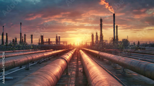 Sunset illuminates industrial oil refinery with extensive pipelines and structures in the oil and gas sector