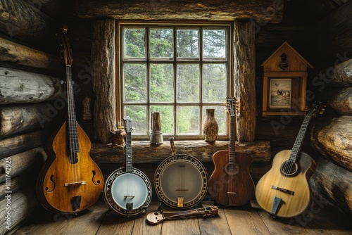 Five stringed instruments, rustic cabin setting. photo