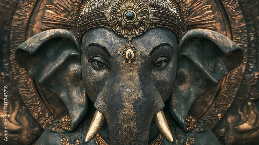 Obraz premium A close-up portrait of Ganesha, the Indian deity, showcasing the intricate and divine details of his elephant-headed face