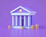 financial management. 3d bank in cartoon style. loans- withdrawals- deposits- transactions. illustration isolated on purple background. 3d rendering