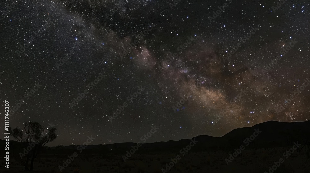 Starry night sky showcasing the Milky Way over a desert landscape. Starry night sky showcasing the Milky Way over a desert landscape.