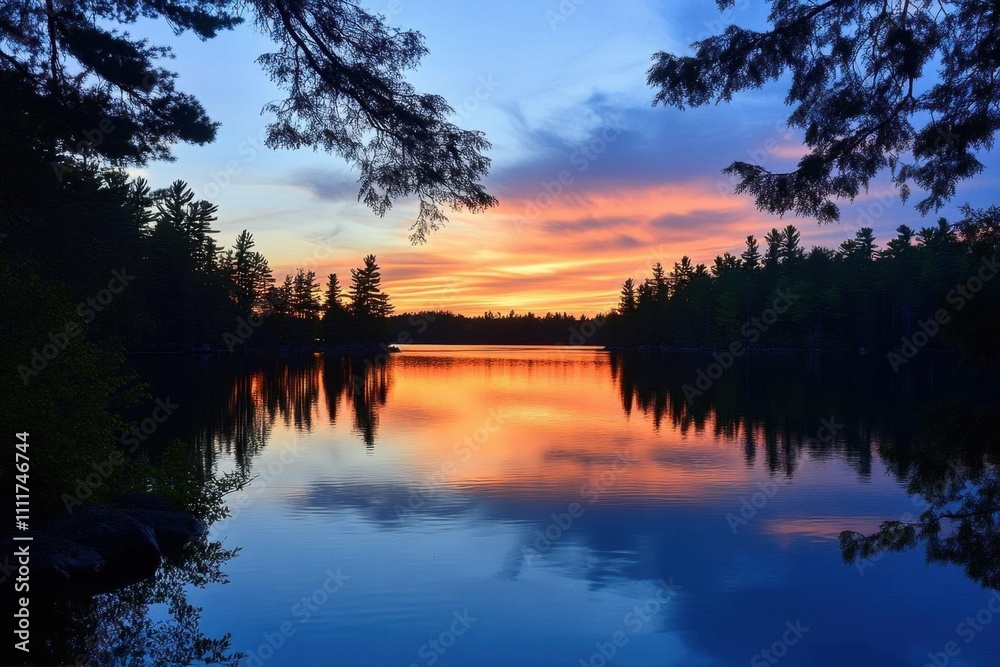 Serene sunset over a calm lake, reflecting vibrant colors and trees. Serene sunset over a calm lake, reflecting vibrant colors and trees.