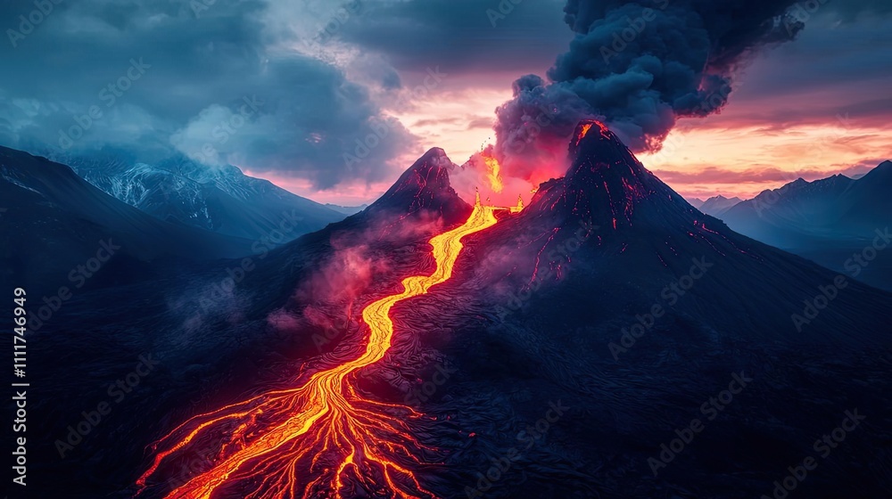 Fototapeta premium Volcanic eruption with flowing lava against a dramatic sunset sky.