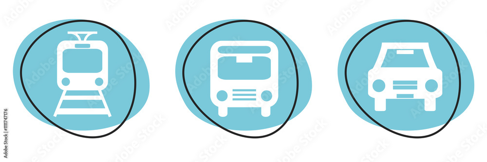 Blauer Banner mit 3 Buttons zeigt Zug, Bus und Auto Blauer Banner mit 3 Buttons zeigt Zug, Bus und Auto