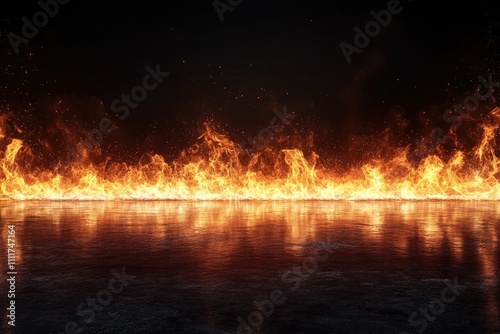 Fiery Inferno  Blazing Wall of Flames Reflects on Dark Water  Intense Heat  Burning Embers Glow Brilliantly. Abstract Fire Visuals