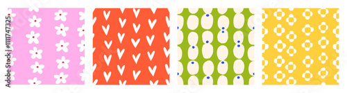 Seamless abstract patterns set with flowers and hearts in modern naive simple style. Floral textures, endless summer backgrounds, repeating prints for fabric, textile. Colored flat vector illustration